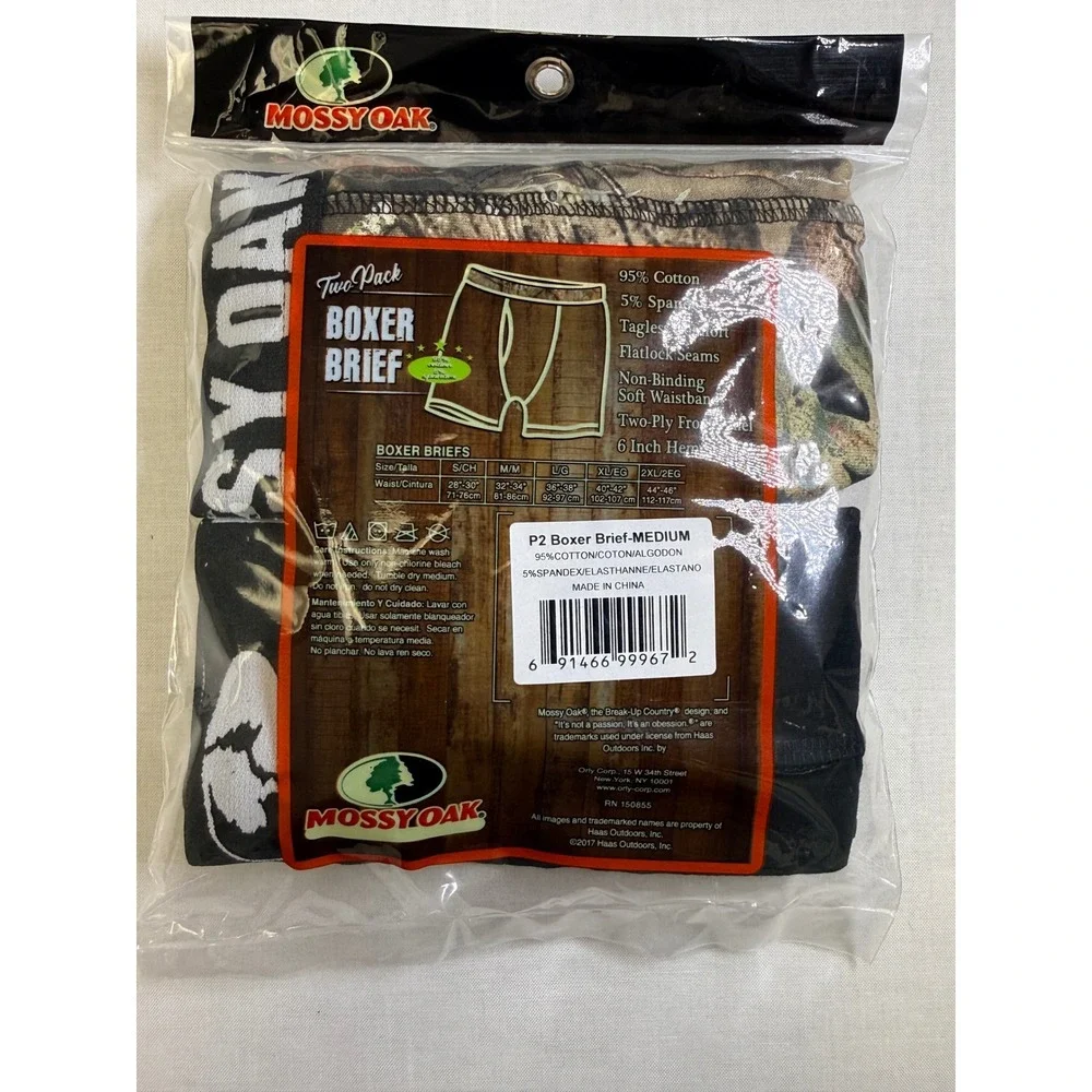 Mossy Oak Mens Boxer Briefs 2 Pack Camo Black Cotton Stretch Medium 32-34 NEW